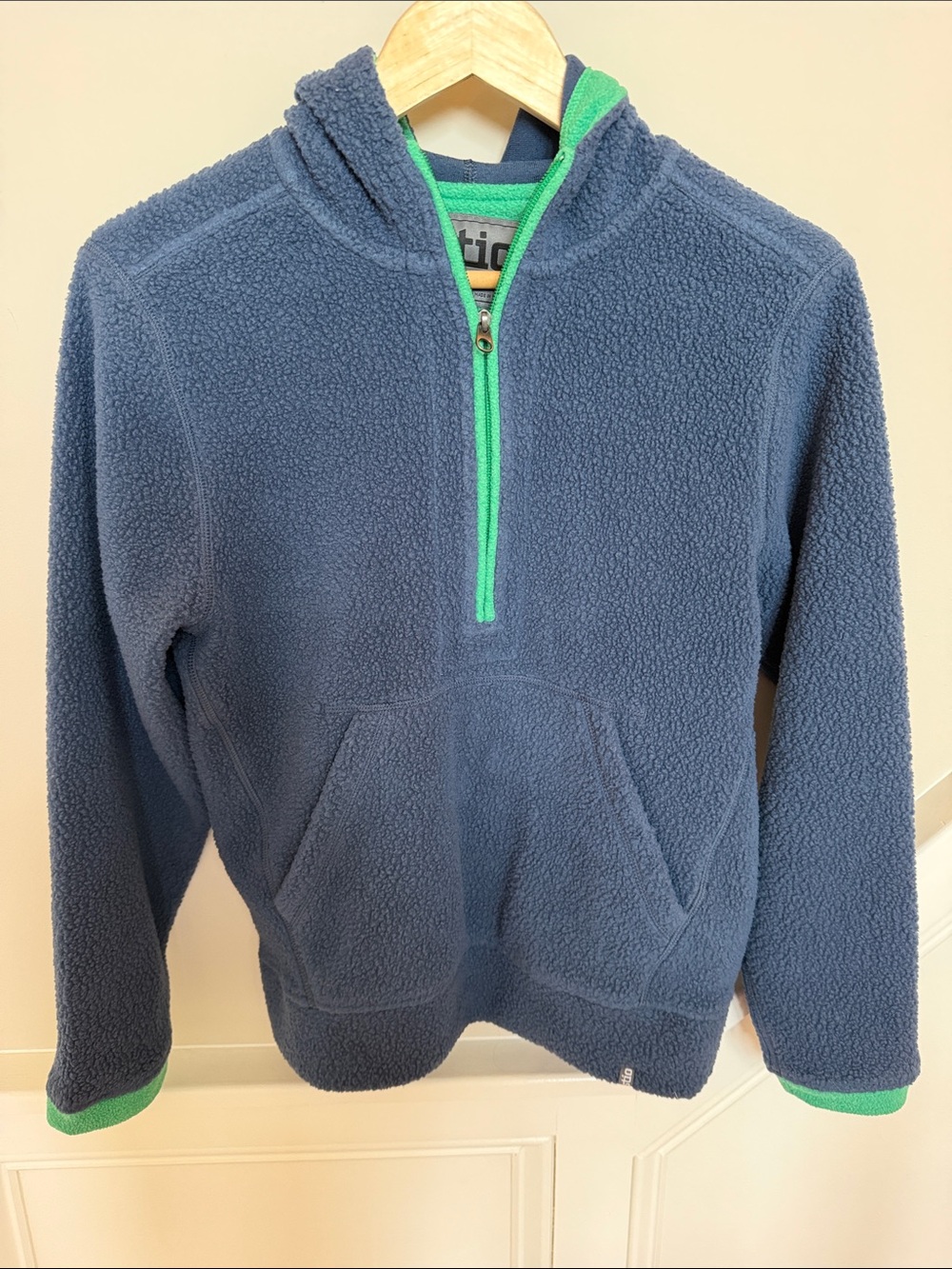 Boys Navy Fleece Pullover Hoodie with Green Trim, never worn